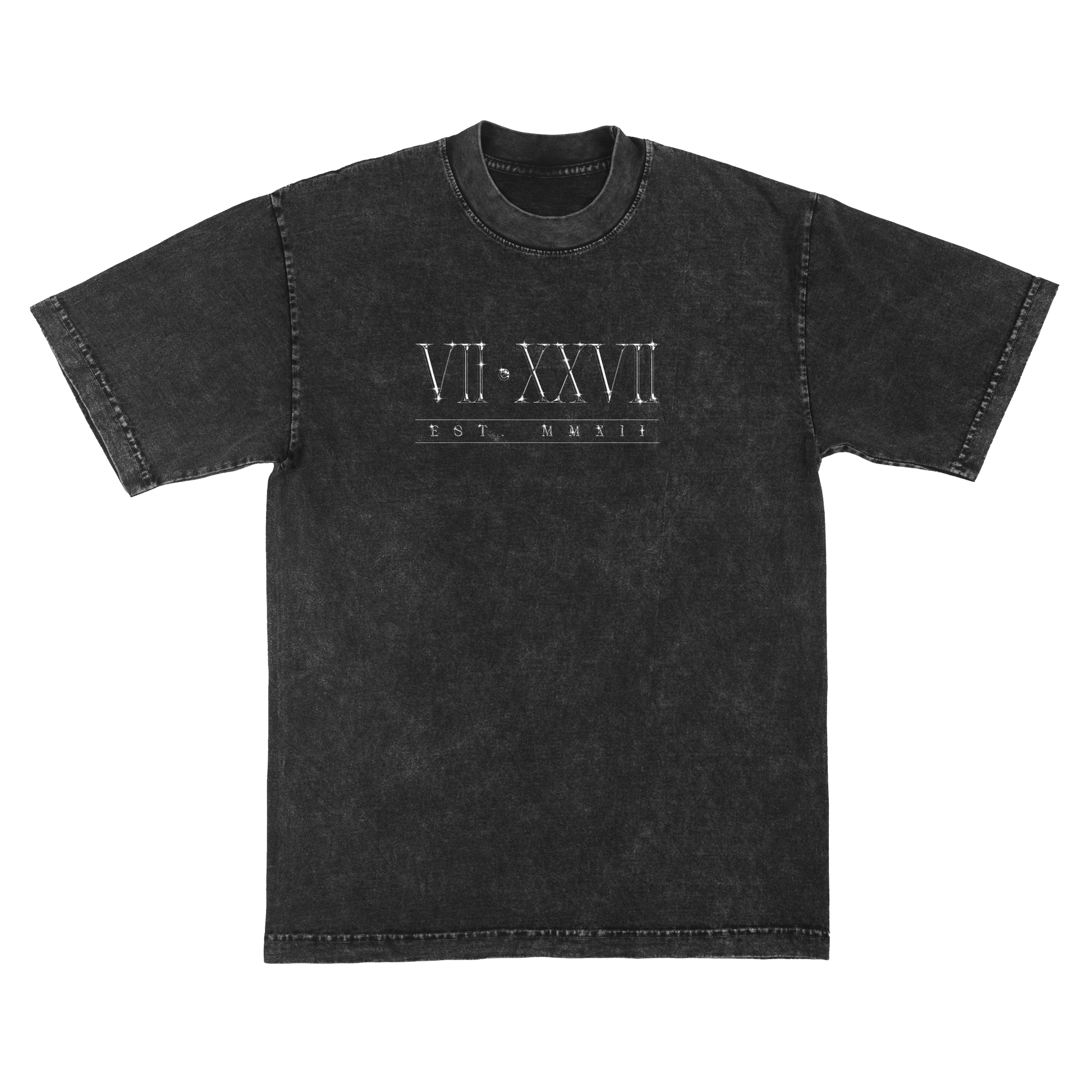 A washed black short-sleeve t-shirt with a white graphic print on the chest featuring Roman numerals 'VII•XXVII' and the text 'EST. MMXII'.